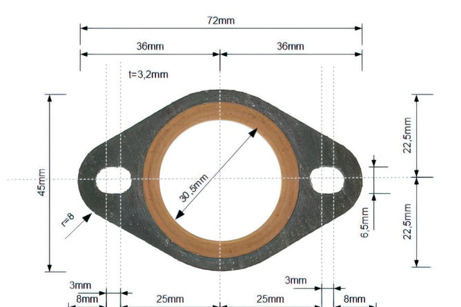 Header Pipe Gasket reinforced flat 33mm / hole spacing 53mm